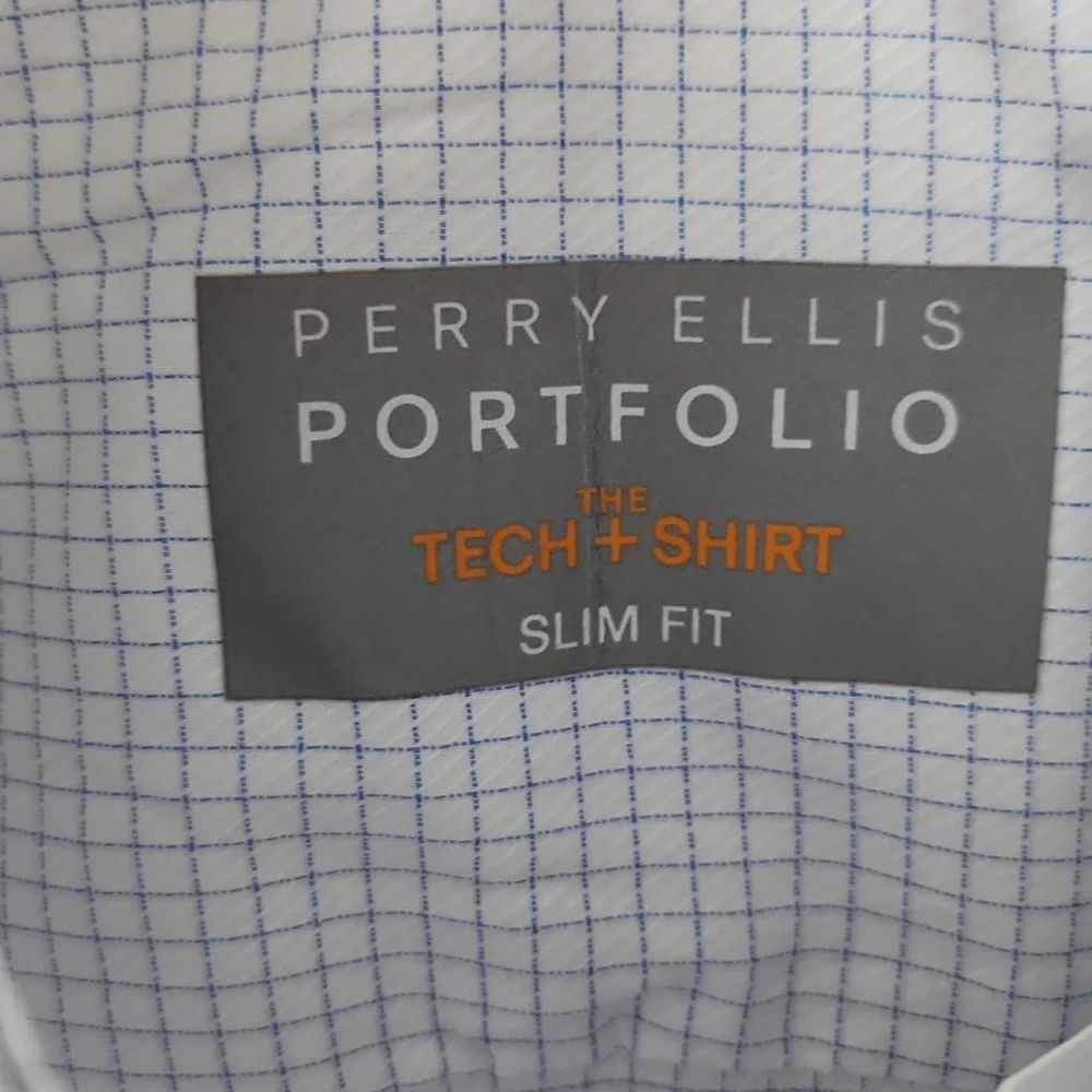 PERRY ELLIS Portfolio Tech Dress Shirt Slim Sz 16 34/35 Light Blue Checkered NWT - Picture 2 of 9